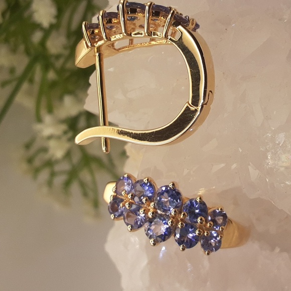 Jewelry - Yellow Gold Over 925, Genuine Tanzanite Hoop Earrings.